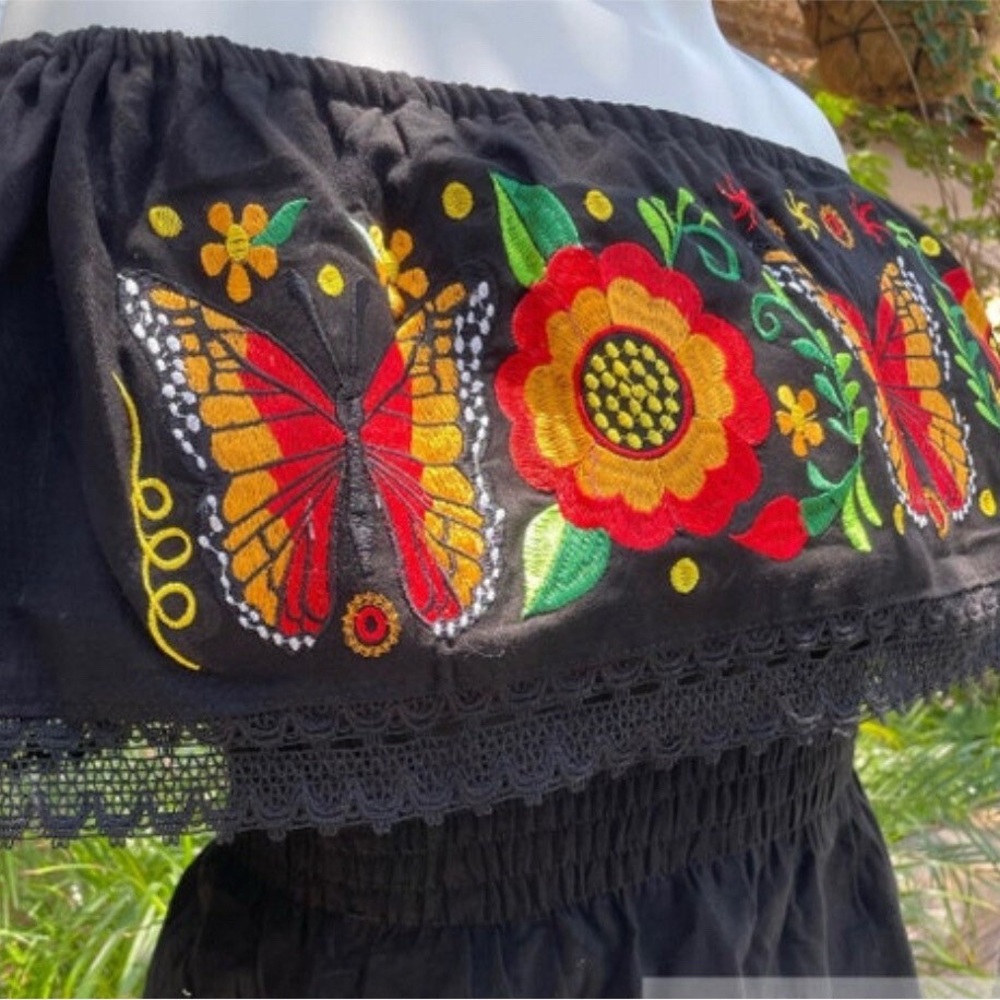 Embroidered Off-Shoulder Top with Butterfly and Floral Design